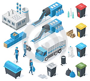 Isometric waste recycle, garbage plant, truck, industrial landfill environment. Garbage recycling, garbage can and scavengers