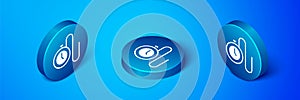 Isometric Watch with a chain icon isolated on blue background. Blue circle button. Vector