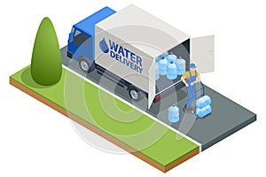 Isometric Water delivery service. Truck carrying plastic containers of drinking water