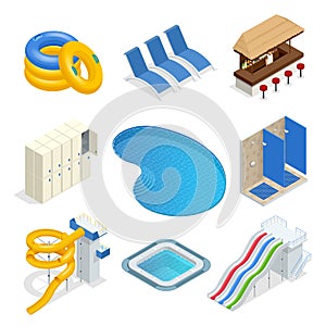 Isometric water park attractions vector icon set with inflatable swimming circles, sun beds, locker room, lockers, pool