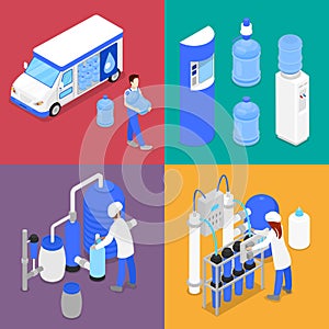 Isometric Water Purification Factory. Courier with Bottle of Clean Water