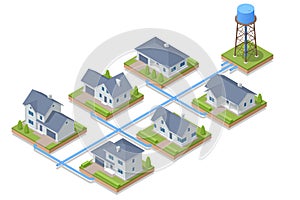 Isometric water tower with distribution of drinking water to the villas. water tank constructed at a height sufficient