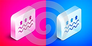 Isometric Waves of water and evaporation icon isolated on pink and blue background. Silver square button. Vector