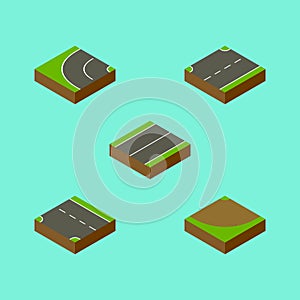 Isometric Way Set Of Plane, Way, Turn And Other Vector Objects. Also Includes Bitumen, Turn, Road Elements.