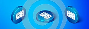 Isometric Web analytics information and development website statistic icon isolated on blue background. Analysis