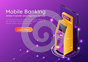 Isometric web banner ATM machine on smartphone screen