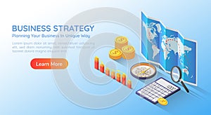 Isometric web banner business planning strategy on world map with accessories
