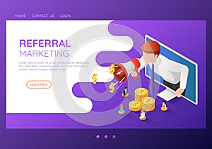 Isometric web banner businessman come out from monitor and shout through megaphone