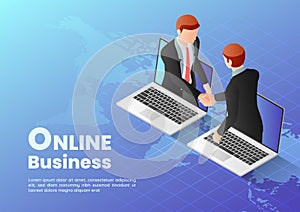 Isometric Web Banner Businessmen Having Online Agreement and Shaking Hands Through Laptop Screen