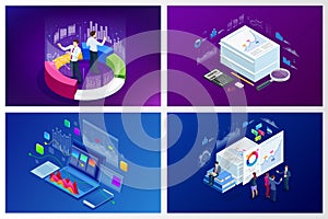 Isometric web banner Data Analisis and Statistics concept. Vector illustration business analytics, Data visualization