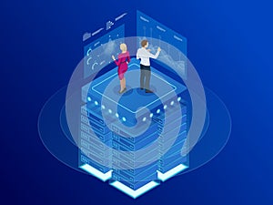 Isometric web banner Data analytics platform and Statistics. Vector illustration hosting server or data center room