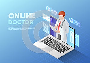 Isometric Web Banner Doctor doing Online Diagnose on The Computer Laptop Screen