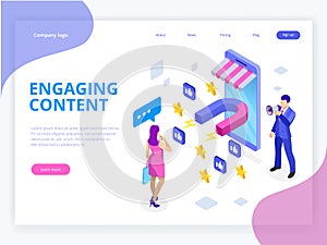 Isometric web banner with Engaging Content, Content Marketing Success, Marketing Mix. Social influencer. Social media