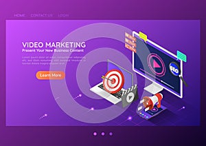 Isometric web banner online video content marketing advertising