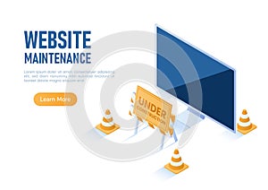 Isometric Web Banner PC Monitor with Under Construction Barrier and Traffic Cones