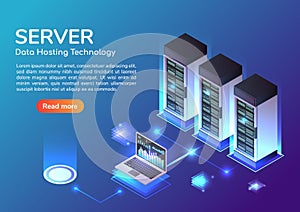 Isometric web banner Server room and hosting storage technology