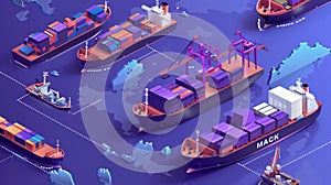 This isometric web banner showcases a global shipping companies, ship port delivery services, truck cargo transportation