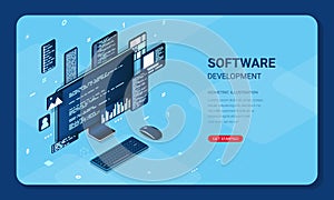 Isometric web banner software development. Program code on computer screen. Landing page template design. Programming in isometric