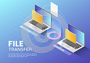 Isometric web banner Two Laptop Transfer Files and Organize Folder