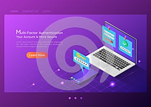 Isometric web banner two steps verification system on laptop and smartphone photo