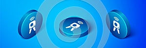 Isometric Web camera icon isolated on blue background. Chat camera. Webcam icon. Blue circle button. Vector
