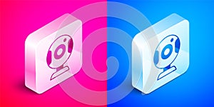 Isometric Web camera icon isolated on pink and blue background. Chat camera. Webcam icon. Silver square button. Vector