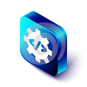 Isometric Web design and front end development icon isolated on white background. Blue square button. Vector