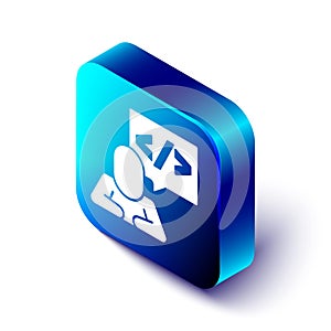 Isometric Web design and front end development icon isolated on white background. Blue square button. Vector