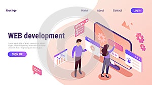 Isometric web design. Website landing page. 3D develop content. Computer technology product interface. Creative digital