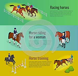 Isometric web equestrian horizontal banners with horserace awards equipment and repetition before competition vector