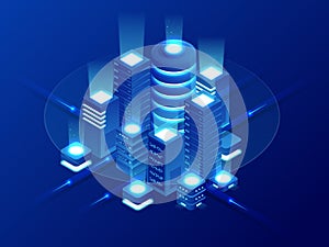 Isometric Web hosting, data backup copy, recover file concept, cloud data storage, digital technology, blockchain