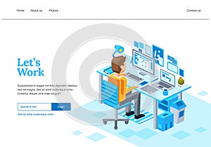 ISOMETRIC WEB PAGE TEMPLATE DESIGN FOR CREATIVE BUSINESS PROCESS, A GRAPHIC DESIGNER WORKING ON COMPUTER WITH PEN TABLET