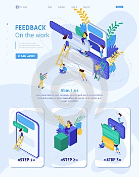 Isometric Website Template Landing page Internet users write feedback about services. Adaptive 3D