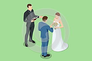 Isometric wedding couple and the priest are standing outdoors. The priest reads the text from the Bible. The wedding