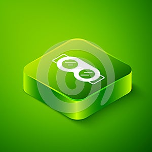 Isometric Welding glasses icon isolated on green background. Protective clothing and tool worker. Green square button
