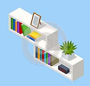 Isometric white bookshelf isolated on background. White wooden bbookshelf filled with books