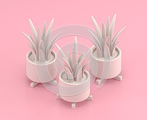 Isometric white house plant with four legs pot in flat color pink room,single color white, cute toylike household objects, 3d