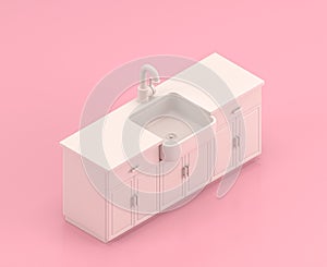 Isometric white kitchen counter in flat color pink room,single color white, cute toylike household objects, 3d rendering, 3d icon