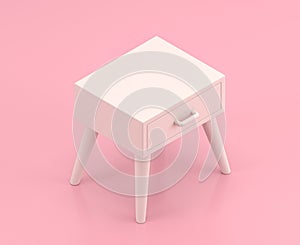 Isometric white nightstand in flat color pink room,single color white, cute toylike household objects, 3d rendering, 3d icon