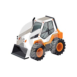 Isometric White and Orange Skid Steer Loader Vector Illustration