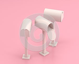 Isometric white outdoor mailbox in flat color pink room,single color white, cute toylike household objects, 3d rendering, 3d icon