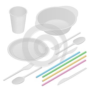 Isometric white plastic tableware and napkins isolated on white. Plastic dishes, plastic plate, fork, spoon, knife