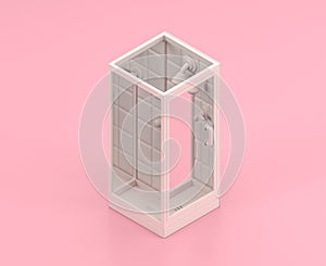 Isometric white shower cabinet in flat color pink room,single color white, cute toylike household objects, 3d rendering, 3d icon