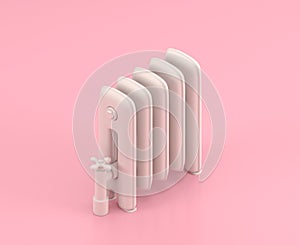 Isometric white vintage radiator in flat color pink room,single color white, cute toylike household objects, 3d rendering, 3d icon