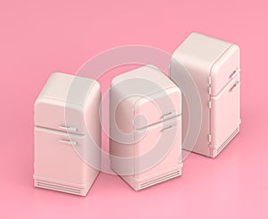 Isometric white  vintage refrigerator in flat color pink room,single color white, cute toylike household objects, 3d rendering, 3d