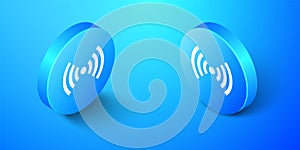 Isometric Wi-Fi wireless internet network symbol icon isolated on blue background. Blue circle button. Vector