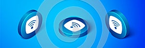 Isometric Wi-Fi wireless internet network symbol icon isolated on blue background. Blue circle button. Vector