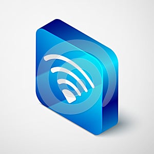 Isometric Wi-Fi wireless internet network symbol icon isolated on grey background. Blue square button. Vector