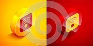 Isometric Wi-Fi wireless internet network symbol icon isolated on orange and red background. Circle button. Vector