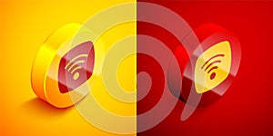 Isometric Wi-Fi wireless internet network symbol icon isolated on orange and red background. Circle button. Vector